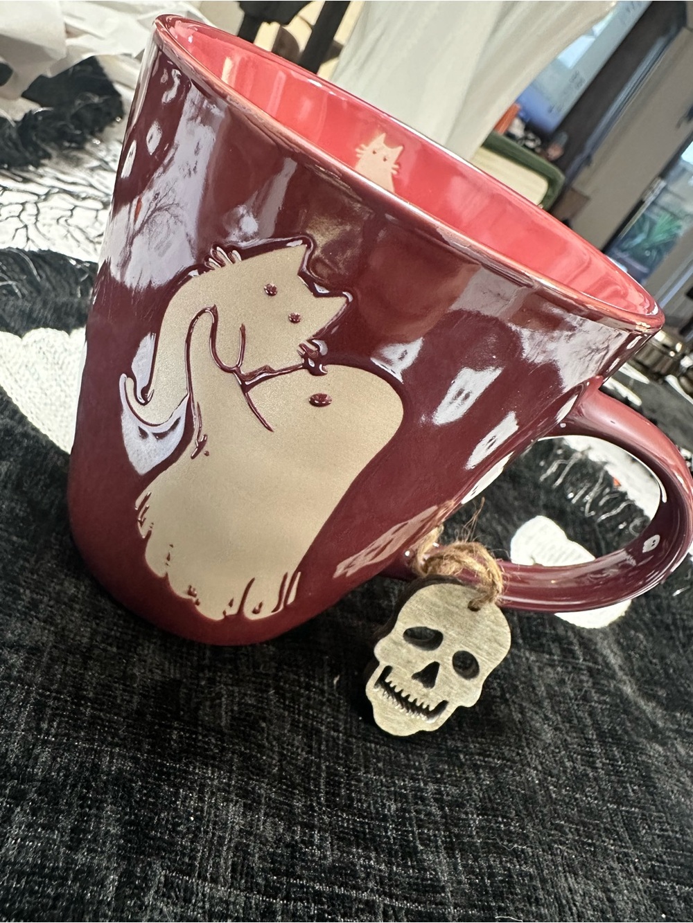 Maroon Ceramic Cat Accent Mug with Pink Interior